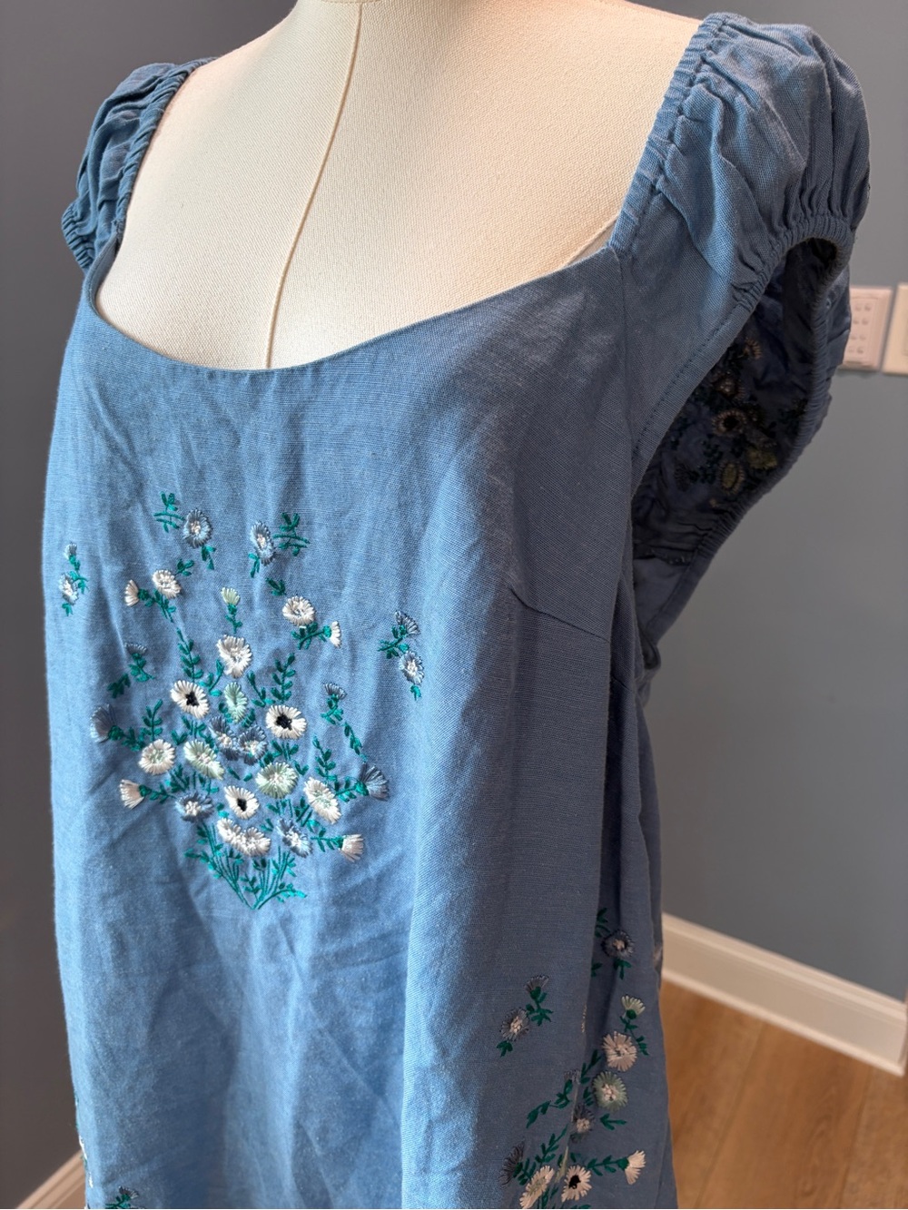 Free People Wildflower Embroidered Mini Dress Copen Blue Linen Blend Medium - Picture 4 of 10